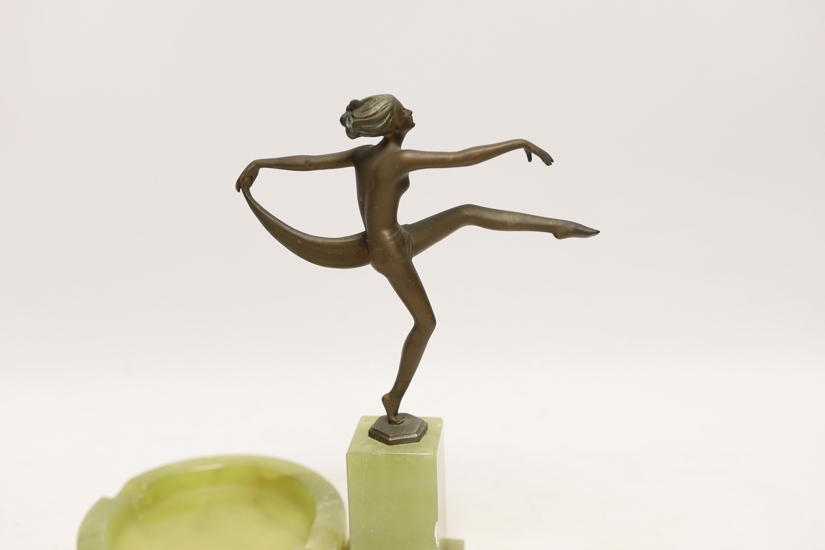 Josef Lorenzl (Austrian 1892-1950), a small Art Deco bronze of a female dancer, marked to base ‘Lorenzl’, raised on a green onyx plinth, together with a green onyx ashtray (2), bronze dancer 21cm high x 14cm wide